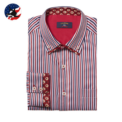 2015秋季新款男装英伦修身红蓝白彩条纹衬衣男士商务休闲长袖衬衫