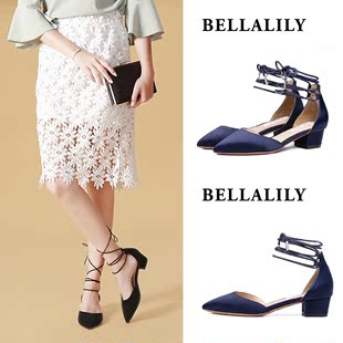 Bella Lily尖头粗跟凉鞋绑带女夏季2016新款性感中跟单鞋包跟女鞋