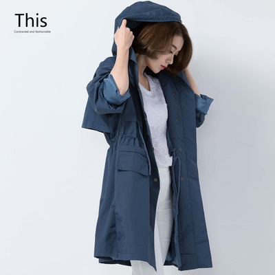 2016年秋新款女装 韩版中长款风衣连帽时尚大码大衣抽绳外套MT13