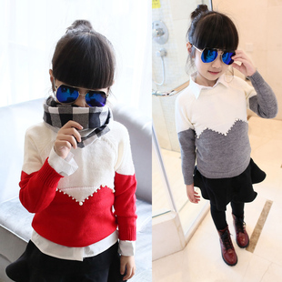 3-5岁女童秋冬装新款韩版学生套头手工钉珠百搭圆领毛衣针织衫潮
