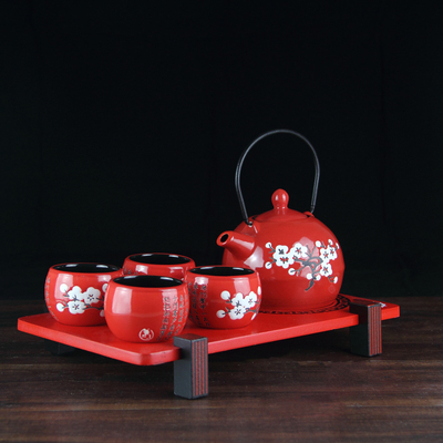 日式和风功夫茶具红色整套敬茶壶杯陶瓷套装结婚礼物婚庆特价包邮