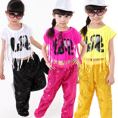 六一儿童舞台演出服装 女童嘻哈爵士舞蹈服 幼儿流苏亮片街舞套装
