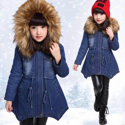 童装秋冬款2015女童牛仔棉衣外套中长款韩版棉服加厚外套毛领上衣