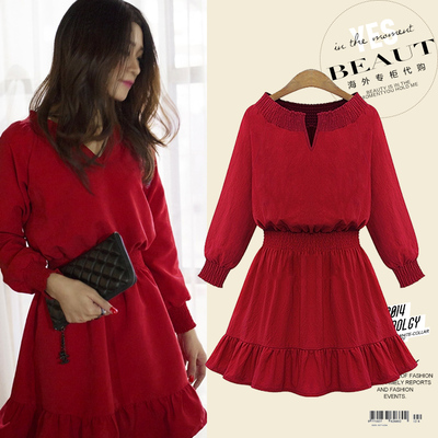 韩国气质淑女长袖连衣裙秋季天2015新款女装修身收腰A型短裙红色
