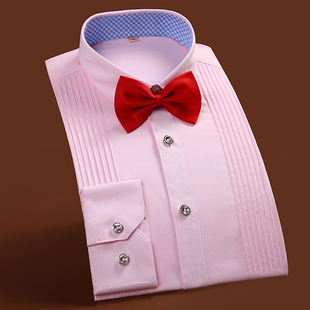 春季结婚衬衫男士长袖粉色新郎衬衣修身纯色伴郎服法式衬衫演出服