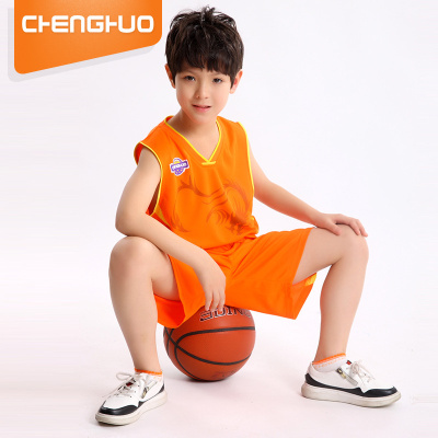 男童中大童橙色篮球服套装 2016夏装速干透气黄色无袖短裤运动服