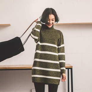 2015冬新款韩版女装高领套头针织衫中长款宽松保暖条纹毛衣上衣潮