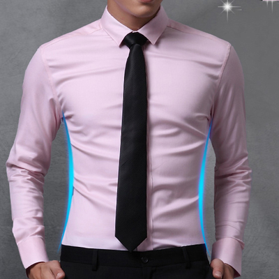 粉红色衬衫男长袖秋冬款新郎结婚修身衬衣伴郎婚礼纯色正装小领