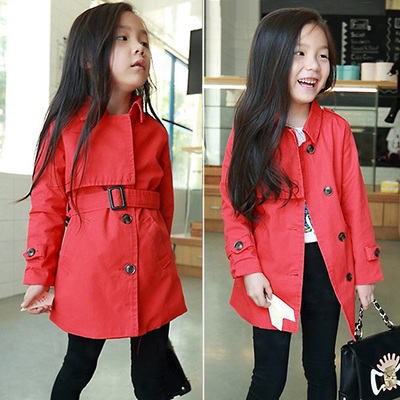 童装女童长袖翻领中长款时尚单排扣外套风衣2015秋装新款韩版上衣
