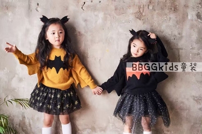 BBGGkids 韩国童装2016秋冬 女童卡通图案蝙蝠款毛衣儿童套头毛衣
