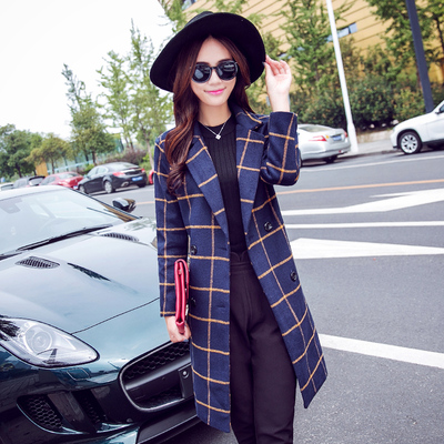 2015冬季新品韩版修身时尚中长款女毛呢外套