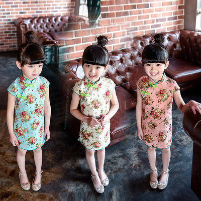 2016夏款中国风棉麻花朵立领旗袍宝宝短袖裙女童儿童裙