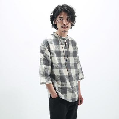 2016新款日系格子衬衫男夏季短袖修身全棉文艺复古学生套头衬衣潮
