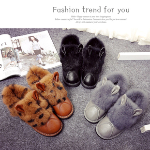 2015冬季新款韩版兔耳朵毛毛鞋加绒雪地靴女平底防滑加厚套脚棉鞋