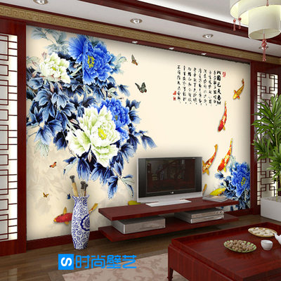 大型中式花开富贵壁纸现代中式九鱼图兰花沙发客厅卧室电视背景墙