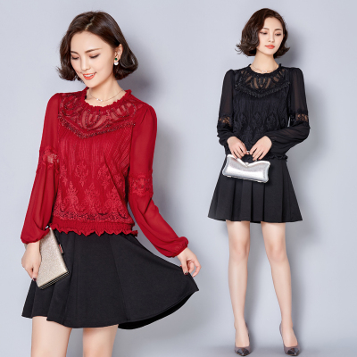 2016春装新款韩版时尚拼接修身长袖连衣裙蕾丝雪纺衫假两件打底裙
