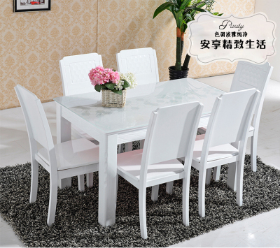 长方形白色现代天然大理石餐桌椅组合简约钢化玻璃饭桌六人餐台
