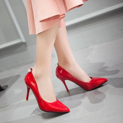 新款欧美水钻红色婚鞋性感尖头高跟鞋细跟裸色浅口单鞋女漆皮女鞋
