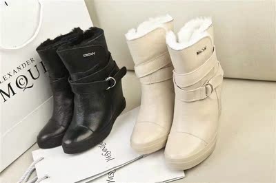 DKNY2014新款内增高女短靴子 牛皮平底保暖高跟真皮坡跟雪地靴潮