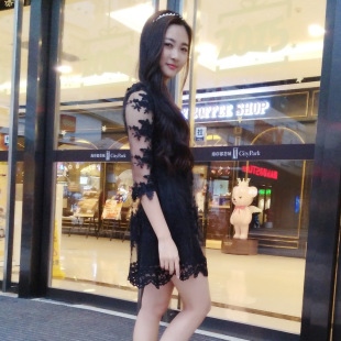 2016春季新款韩版东大门蕾丝透肉刺绣连衣裙修身显瘦公主裙