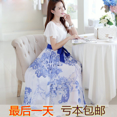 包邮新款韩版夏季雪纺修身显瘦风气质青花瓷印花长裙子的连衣裙
