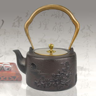铸铁壶纯手工茶壶煮茶烧水茶壶铜盖铜把花好月圆铸铁养生铁壶特价