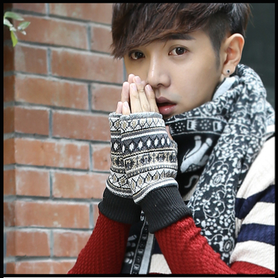 冬季保暖时尚双层加厚加绒男士半指手套韩版潮情侣毛线短款手套
