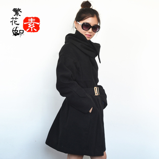 2015冬装新款女装黑色长袖长款高领收腰修身保暖韩版毛呢大衣外套