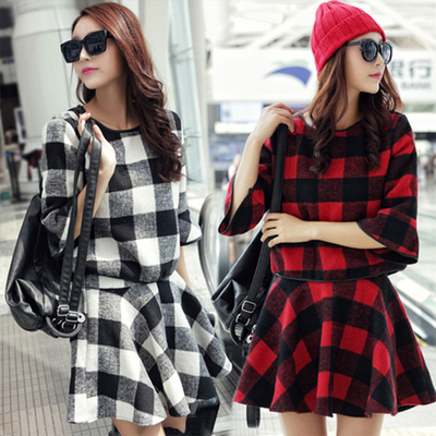 2015年春季韩版套头圆领格子七分袖百褶连衣裙毛呢两件套 女