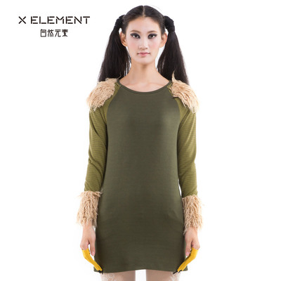 自然元素 2014年秋冬新款军绿色圆领小魔怪肩章女式长款针织衫