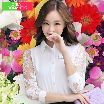 2015春夏韩版女式衬衫白色棉质蕾丝长袖修身女衬衣纯色OL显瘦韩国