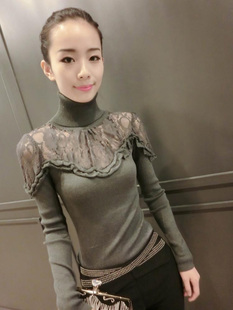 韩版蕾丝打底衫2015秋冬装新款女装性感上衣高领羊毛针织衫外穿女