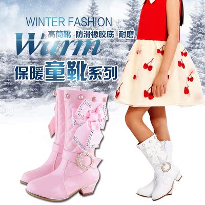 2015新款女童高跟靴子女童长靴秋靴高筒靴 学生冬靴棉靴雪地靴