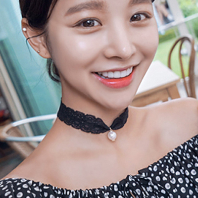 女生新款黑色蕾丝项链 韩国进口饰品 韩版时尚脖子圈珍珠坠项链