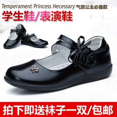 2015新款女童皮鞋真皮蝴蝶结黑色表演演出鞋韩版中大童方口公主鞋