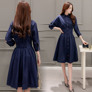 2016新款韩版女装短袖高腰连衣裙单排扣裙子修身显瘦翻领衬衫裙