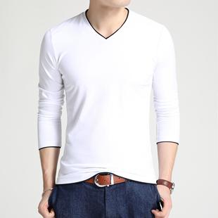 秋季新款青年男士男装修身V领长袖t恤长袖体恤打底衫鸡心领韩版