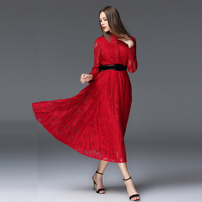 专柜正品2016春季新品大牌循环花蕾丝大摆中长款红色连衣裙+腰带