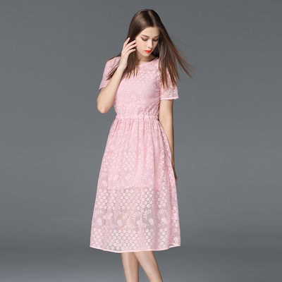 欧洲站2016春夏季新款女装小香风收腰大摆粉色蕾丝两件套连衣裙