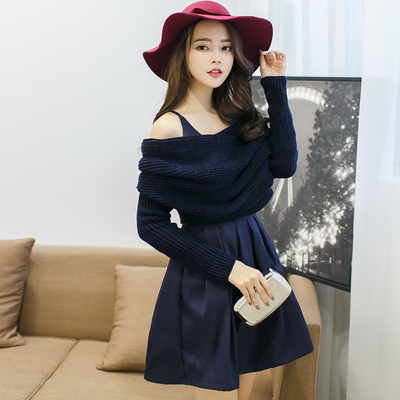 韩国代购2015秋冬新款时尚套装露肩长袖毛衣+打底连衣裙女两件套