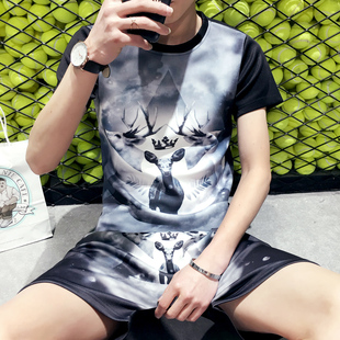 男士休闲运动套装16夏季新款韩版印花短袖T恤五分裤大码运动服潮
