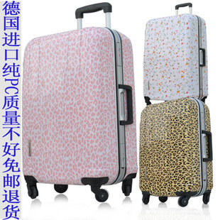 纯PC拉杆箱万向轮粉色豹纹铝框出国行李箱28寸旅行箱24寸20登机箱