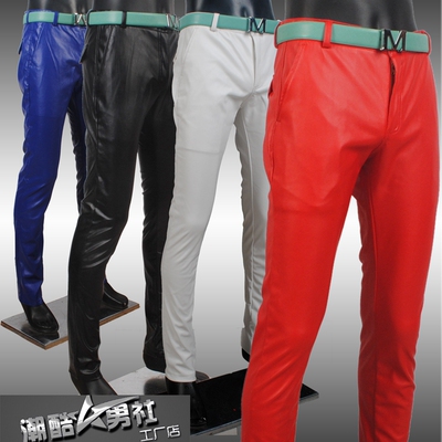 2015春秋男皮裤白色红色黑蓝色舞蹈皮裤快递员皮裤骑摩托挡风皮裤