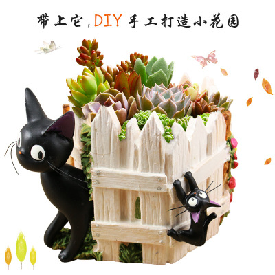 宫崎骏创意龙猫魔女宅急便吉吉黑猫栅栏树脂多肉微景观花盆摆件品