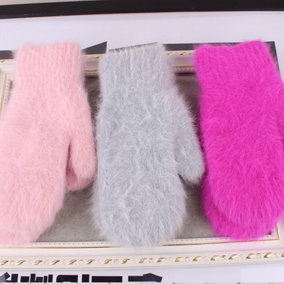 韩版可爱糖果色纯色兔毛羊毛手套女冬季全指连指保暖加厚棉手套