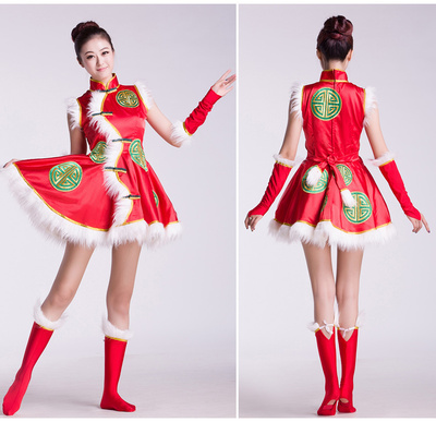 民族秧歌舞蹈腰鼓服装中国娃演出服红色喜庆演出服女裙礼服表演服