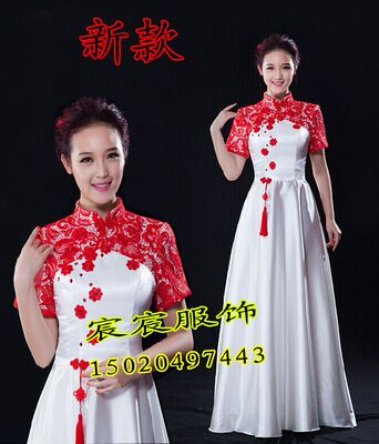 新款蕾丝合唱演出服女长裙民乐演奏服装团体合唱服 中国风演出服