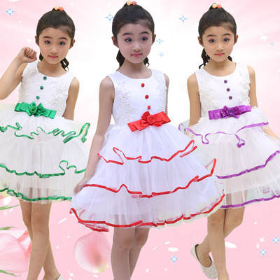六一新款儿童表演纱裙 多层蓬蓬蛋糕花童礼服 无袖扣子演出舞蹈服