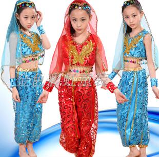 儿童亮片印度舞演出服装新疆舞蹈表演服女童肚皮舞天竺舞服带头纱