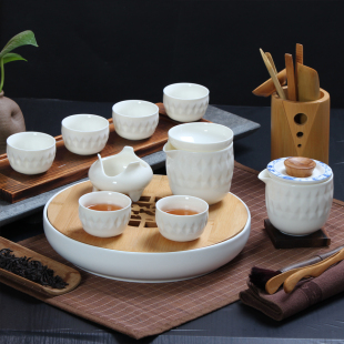 凝脂白瓷创意水立方手抓茶壶套组整套功夫茶具浮雕纯白玉瓷茶具